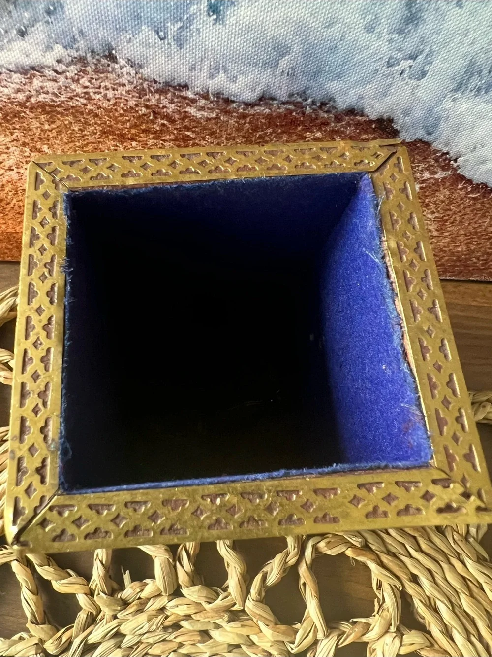 Hand-Painted Brass Pen Holder with Blue Interior - Unbranded